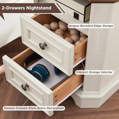T4TREAM Farmhouse Nightstand with Charging Station, 18" End Table with 2 Drawers, Wood Side Table, Bedside Cabinet for Bedroom, Living Room (Antique White) - Image 4