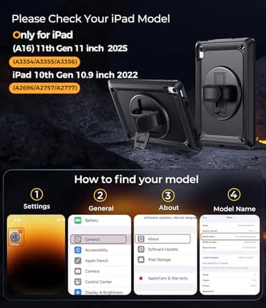 TSQQST iPad (A16) 11th/10th Generation Case 10.9 Inch 2025/2022 with Screen Protector | Military Grade | 360 Rotating Stand & Hand Shoulder Strap | Rugged Silicone Heavy Duty Drop Protection | Black - Image 2