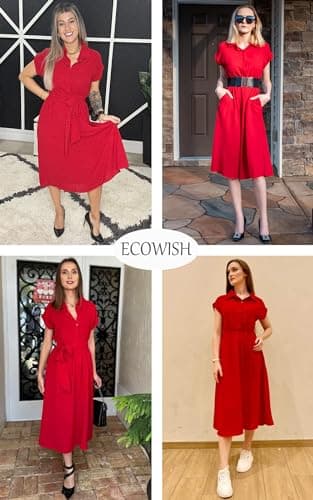 ECOWISH Womens 2025 Spring Summer Casual Short Sleeve Midi Dresses V Neck Button Down Belted Shirt Dress with Pockets Red L - Image 4