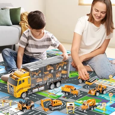 NIPLOOOW Toddler Boys Construction Truck Vehicle Toy Set with Play Mat and Die-Cast Toy Car, Transport Carrier Truck for Kids 3-5, Birthday Gifts Toys for 3-8 Year Old Boys - Image 3