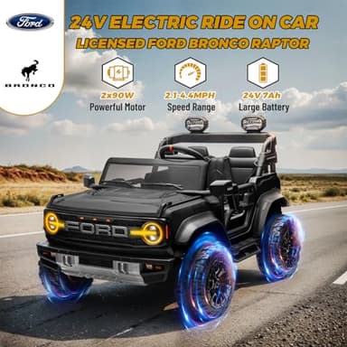 ENYOPRO 24V Licensed Ford Bronco Raptor Electric Car for Kids, 2 Seater Battery Operated Ride On Truck Toys with Remote Control, 4-Wheel Suspension, Bluetooth, Radio, LED Lights, 3 Speed - Black - Image 2
