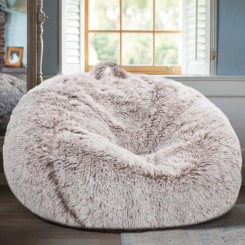 Fluffy Stuffed Animal Storage Bean Bag Chair Cover (No Filler), Faux Fur Comfy Bean Bag Cover for Organizing Plush Toys or Textile, for Adults Teens Kids Girls, Heather Camel - Image 1