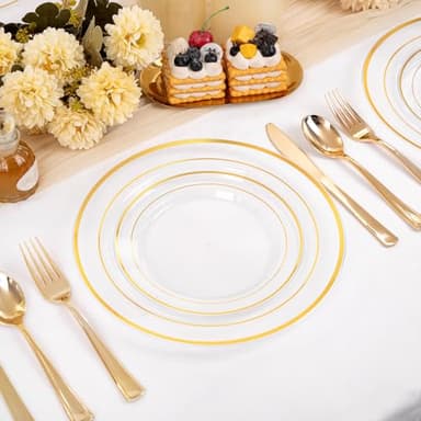 200 Pcs Clear Gold Plastic Plates - Disposable Party Plates, Gold Plate Disposable Include 100 Dinner Plate and 100 Dessert Plate, Plastic Plate for Party, Holiday, Wedding & Birthday - Image 5