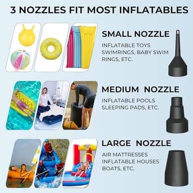 Inflatables Air Pump for Air Mattress with 3 Nozzles, Quick Fill Inflator Deflator Air Pump Perfect for Outdoor Camping Inflatable Boat Blow Up Pool Water Toy Car Air Bed Swimming Ring - Image 2