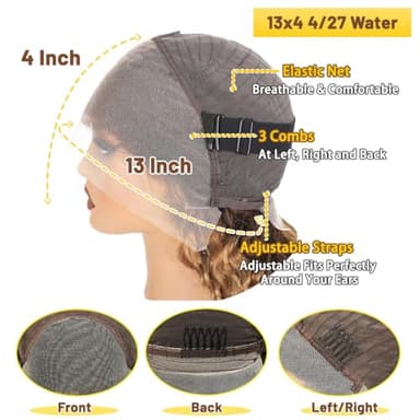 ADESORAES 26 Inch Honey Blonde Wigs Human Hair 180% Density 4/27 Highlight Ombre Lace Front Wigs 100% Human Hair Water Wave Lace Frontal Wigs Pre Plucked Wet and Wavy Curly Human Hair Wig - Image 3