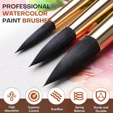 Watercolor Brushes Professional, Fuumuui 10Pcs Synthetic Squirrel Hair Water Color Paint Brush Set for Artists - Flat, Round Pointed, Dagger, Cats Tongue Oval Wash for Watercolor Gouache Inks Painting - Image 2
