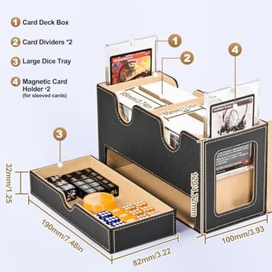 UAONO MTG Deck Box with 2 Commander Display and Dice Tray-Patented Design, Double Deck Box for 280+ Single Sleeved Cards, Leather Magnetic Card Storage Box Fits for TCG CCG Magic Cards (Black&Khaki) - Image 3