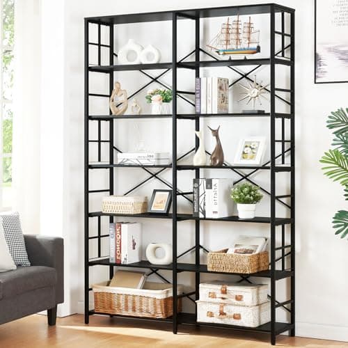 HOMISSUE Bookshelf, Industrial Double Wide 7-Tier Bookshelves, 84" Tall Bookcase with Open Shelves, Heavy Duty Bookcases with Storage for Living Room Home Office, Black - Image 1