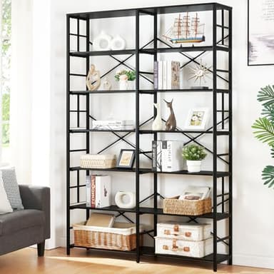 HOMISSUE Bookshelf, Industrial Double Wide 7-Tier Bookshelves, 84" Tall Bookcase with Open Shelves, Heavy Duty Bookcases with Storage for Living Room Home Office, Black - Image 1