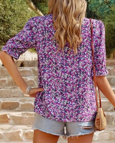 BTFBM Womens Summer Tops Boho Floral Blouses Frill Trim Mock Neck Puff Short Sleeve Shirts Dressy Casual Fall Top 2025(Floral Purple White, Large) - Image 5