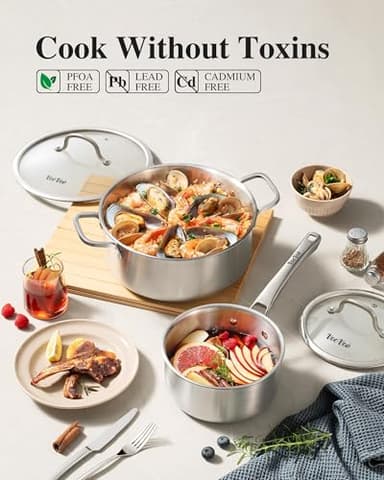 Stainless Steel Cookware Set,Tir-Ply Pots and Pans Set,10 Pcs Stainless Steel Induction Kitchen Cookware Sets,PFOA Free, Frying Pans,Saucepans,Saute Pan & Stock Pot,Compatible with All Cooktops - Image 2
