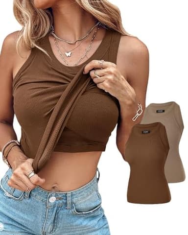 CHICME 2 Piece Built in Bra Tank Tops for Women Ribbed Tank Top Fitness Racerback Workout Tops Coffee Khaki-L - Image 1