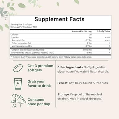 Pumpkin Seed Oil with Saw Palmetto, 3000mg Per Serving, 300 Softgels | Cold Pressed, Pure Virgin Oil, Essential Fatty Acids & Phytosterols | Supports Hair, Urinary, Bladder & Prostate Health | Non-GMO - Image 4