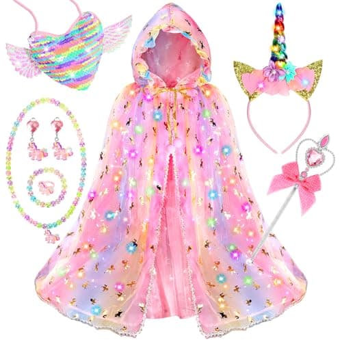 Fedio Princess Dress up for Girls,Unicorn Light up Princess Cape Set,Light up Princess Dress with Unicorn Toys for Girls 3-8 Halloween - Image 1