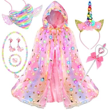 Fedio Princess Dress up for Girls,Unicorn Light up Princess Cape Set,Light up Princess Dress with Unicorn Toys for Girls 3-8 Halloween - Image 1