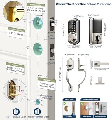 Veise Smart Front Door Lock Set, App Control, Keyless Entry Deadbolt with Lever Handle, Electronic Digital Touchscreen Keypad, Auto Lock, Easy Install, Satin Nickel - Image 6