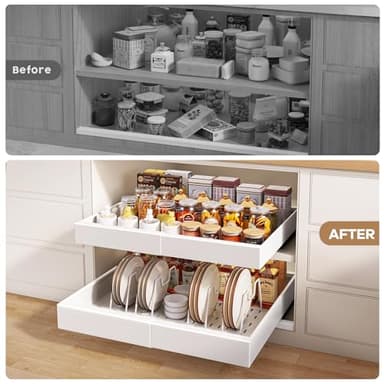 Seinloes 4 Pack Pull out Cabinet Organizer 21"Deep with Raising Pad for Framed Cabinets, Expandable Slide out Drawers for Kitchen Cabinets with 4pcs Divider Racks, Roll out Shelves 12.1"-20.4" W White - Image 6