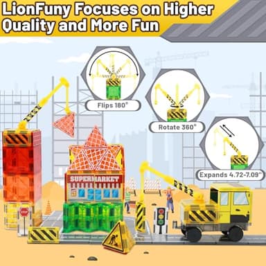 LionFuny 70Pcs Magnetic Tiles Magnetic Building Blocks, Building Toys for Kids Ages 3-5 4-8 8-12 Toddlers STEM Preschool Toy Boys Toys, City Construction Toys Set with 2 Cranes Train Tracks Road Car - Image 3
