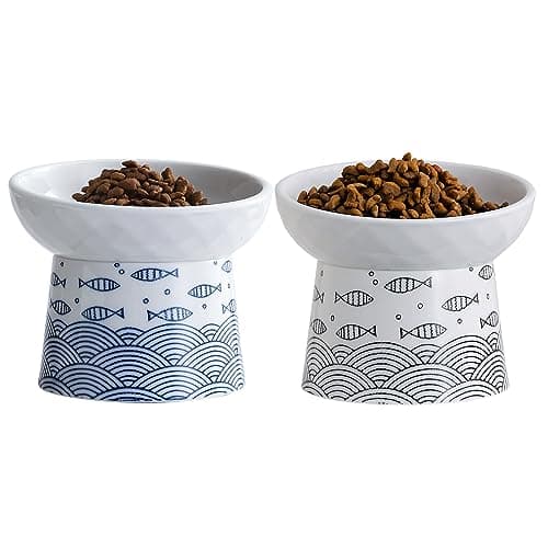 Tilted Ceramic Raised Cat Bowls, 8 OZ Elevated Food and Water Bowls,Porcelain Stress Free Pet Feeder Dish for Cats and Kittens, Puppies, 2 Pack(Black&Blue) - Image 1
