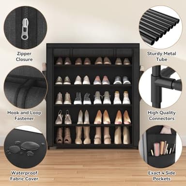 VILICK Shoe Rack with Cover, 5 Tier Shoe Organizer Storage for 20-24 Pair Shoes and Boots Large Shoe Storage Shelf Space Saving Vertical Shoe Rack for Closet, Front Door Entrance, Dorm, Garage - Image 4