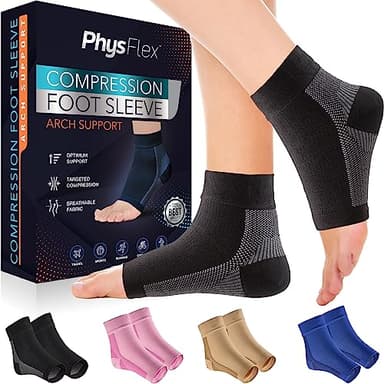 PhysFlex Compression Socks for Plantar Fasciitis, Achilles Tendonitis Relief - (1 Pair) Ankle Compression Sleeve for Heel Spurs, Foot Swelling & Fatigue - Arch Support Brace for Everyday Use - Image 1