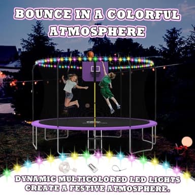ACWARM HOME 14 FT Trampoline for Kids and Adults, Trampolines with Basketball Hoop and LED Lights,Trampoline Outdoor with Net, ASTM Approved, Purple - Image 7