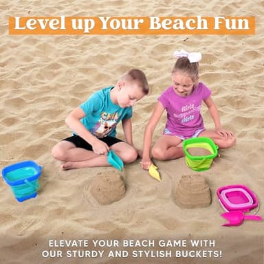 Sloosh 3 PCS Foldable Buckets with 3 Shovels, Square Sand Water Bucket Sandbox Party in Summer Collapsible Silicone Pail Bucket Toddler Kids Beach Camping Travelling Portable Toys (Blue/Pink/Green) - Image 6