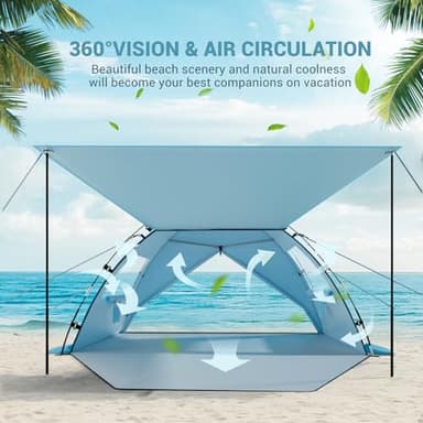 Elegear Beach Tent Sun Shelter with Canopy, 4-5 Person Pop Up Beach Tent, Easy Setup UPF 50+ UV Protection Portable Lightweight Double Silver Coating Beach Cabana Sun Shade Shelter - Sky Blue - Image 8