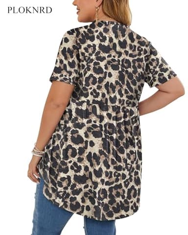 PLOKNRD Women's Plus Size Tops Short Sleeve Henley V Neck Button Up Flowy T Shirts Tunic Loose Blouses Spotted Leopard - Image 3