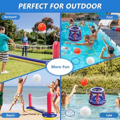 Jasonwell Pool Toys Games Set - 3 in 1 Pool Volleyball Net Basketball Hoop Ring Toss Game Inflatable Floats Water Floating Volleyball Swimming Pools Party Game Accessories Toy Gift Kids Teens Adults - Image 6