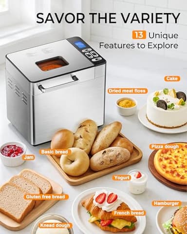 EUHOMY Bread Maker Machine 13 Program 2LB Bread Maker, Bread Machine with 3 Loaf Sizes and 3 Crust Colors, Breadmaker with Fruit & Nut Dispenser,Ideal for Family Gifts, Gluten Free - Image 2