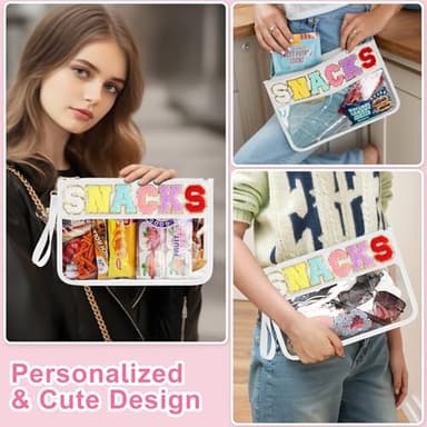 Snack Bag for Travel - Clear Chenille Varsity Letter Flat Pouch with Zipper, Waterproof Clear PVC&PU Preppy Patch Makeup Cosmetic tote Bags for Women Girls (White-Snacks) - Image 4