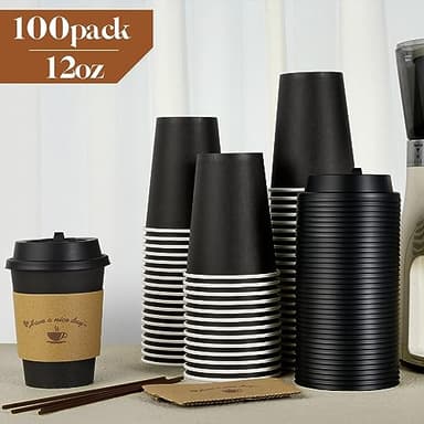 LITOPAK 100 Pack 12 oz Paper Coffee Cups for Hot Chocolate Drinks, Black Disposable Coffee Cups with Lids, Sleeves and Stirring Sticks for Parties, Picnic, Travel, and Events - Image 3