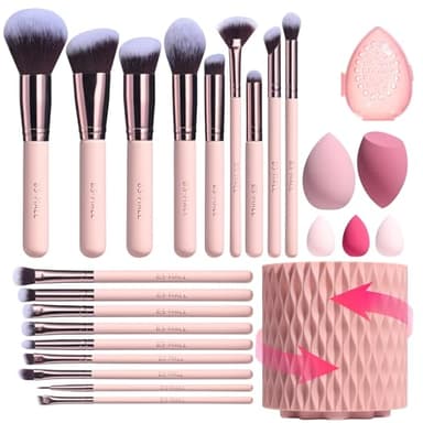 BS-MALL Makeup Brushes Premium Synthetic Foundation Powder Concealers Eye Shadows 18 Pcs Brush Set with 5 sponge & Holder Sponge Case (A-Pink) - Image 1