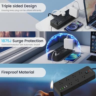 Surge Protector Power Strip with USB Ports, 14 AC Outlets with 4 USB Ports (1 USB C), 5 Feet Cord with Multiple outlets, 1875W/15A, One Touch Switch Button, Wall Mountable for Home, Office-Black - Image 3