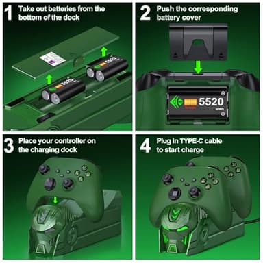 Rechargeable X1 Controller Charger Station with 2X 5520mWh Battery Pack Accessories Storage - Compatible with X1 Series X/S/One/One X/One S Elite with 4 Battery Covers (Green) - Image 6