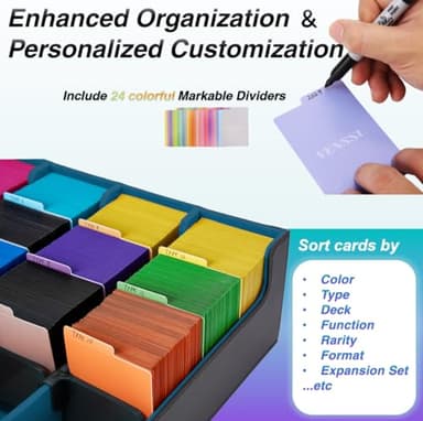Venssu Card Storage Box For Trading Cards With Dedicated Card Supporters,3000+ Mtg Deck Box With 24 Colorful Divider Tabs,Trading Card Storage Fits For Magic Game Cards (Black and Cyan) - Image 3