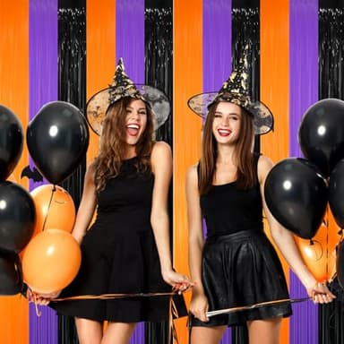 GOER 3.2 ft x 8.2 ft Metallic Tinsel Foil Fringe Party Backdrop for Halloween Birthday Graduation New Year's Party Decorations(5 Packs,Black&Orange&Purple) - Image 4