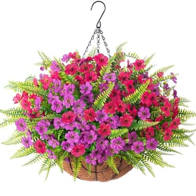 Artificial Fake Hanging Flowers Plants Basket for Outdoor Outside, 14 BundlesFaux Silk Colorful Daisy Fern in Planter UV Resistant Look Real for Porch Patio Garden Yard Home Decoration - Image 1