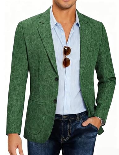 COOFANDY Men Linen Summer Blazer Stylish Regular Fit Linen Sportcoat Business Work Suit Jacket Green - Image 1
