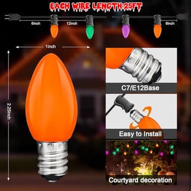 Halloween Lights, 25Ft C7 LED String Lights with Orange, Purple & Green Bulbs, Energy-Efficient, Waterproof, UL Certified for Outdoor & Indoor Halloween Yard, Porch, Patio, Garden Decorations - Image 2
