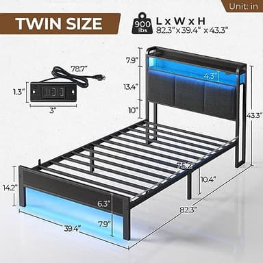 Rolanstar Bed Frame Twin Size with Charging Station and LED Lights, Upholstered Headboard with Storage Shelves, Heavy Duty Metal Slats, No Box Spring Need, Noise Free, Easy Assembly, Dark Grey - Image 2