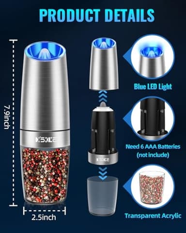 Gravity Electric Pepper and Salt Grinder Set, Salt and Pepper Mill & Adjustable Coarseness, Battery Powered with LED Light, One Hand Automatic Operation, Stainless Steel (Set/Silver) - Image 6