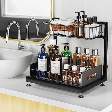 2 Pack Under Sink Organizers and Storage,Pull Out Cabinet Organizer,2-Tier Sliding Out Kitchen Basket Sink Shelf Cabinet Organizers Adjustable L Shape Counter Organizers for Bathroom Kitchen (Black) - Image 4