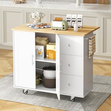 Shintenchi Kitchen Island with Folding Drop Leaf, Rolling Island Table with Storage, Kitchen Cabinet on Wheels with Seating Area for Kitchen, Bar Cart with Cabinet, White - Image 7