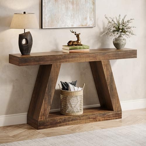 Tribesigns Farmhouse Console Table, 55-Inch Rustic Sofa Table with Storage, Industrial Wooden Entryway Table for Hallway, Living Room, Dark Brown - Image 1