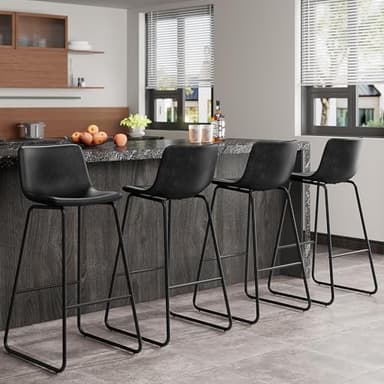 REONEY Bar Stools Set of 4, Faux Leather Counter Height Stools, 30" Modern Bar Stools with Metal Legs and Footrest, Urban Armless Counter Chairs with Back for Kitchen Island (Black) - Image 1