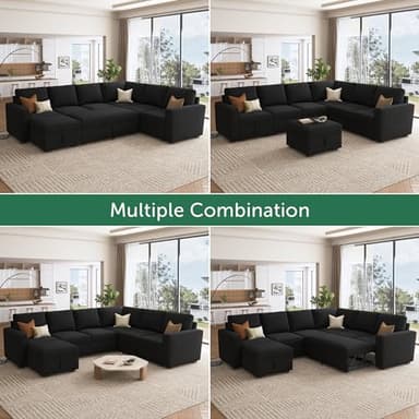 HONBAY Sectional Sleeper Couch with Pull Out Bed, U Shaped Sectional Sofa with Storage, Modular Velvet Sectional Couches for Living Room, Black - Image 4