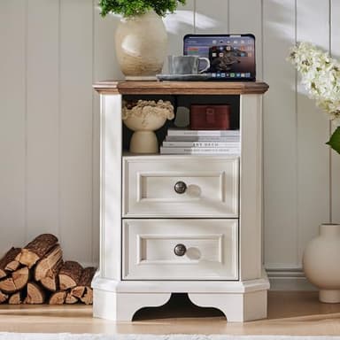 T4TREAM Farmhouse Nightstand with Charging Station, 18" End Table with 2 Drawers, Wood Side Table, Bedside Cabinet for Bedroom, Living Room (Antique White) - Image 3