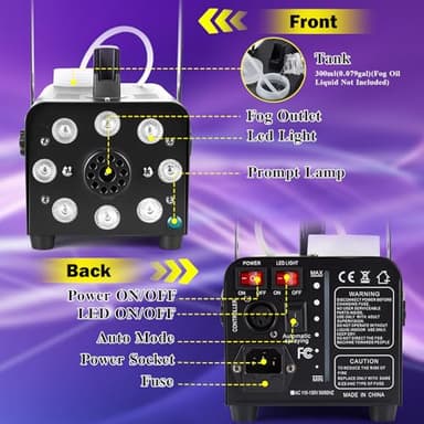 AGPTEK Fog Machine, Smoke Machine with 13 Colorful LED Lights Effect, Auto Mode 2000CFM Fog with 1 Wired Receiver and 2 Wireless Remote Controls, Perfect for Wedding, Halloween, Party and Stage Effect - Image 6